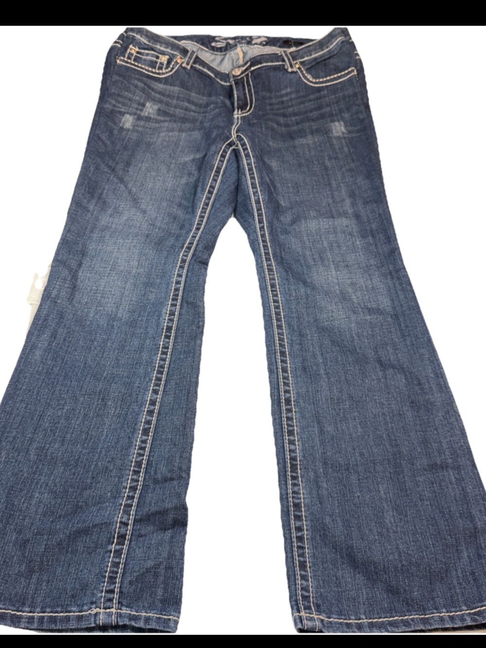 Seven7 Luxe Blue Jeans Women’s 18 white Heavy Stitch Flap BLING Pockets Stretchy